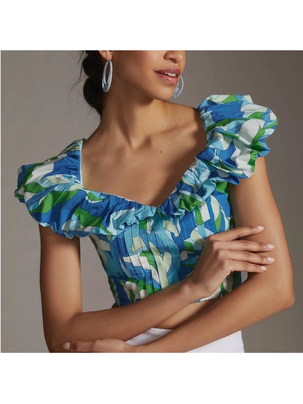 Maeve Blue & Green Ruffle Square-Neck Crop Top